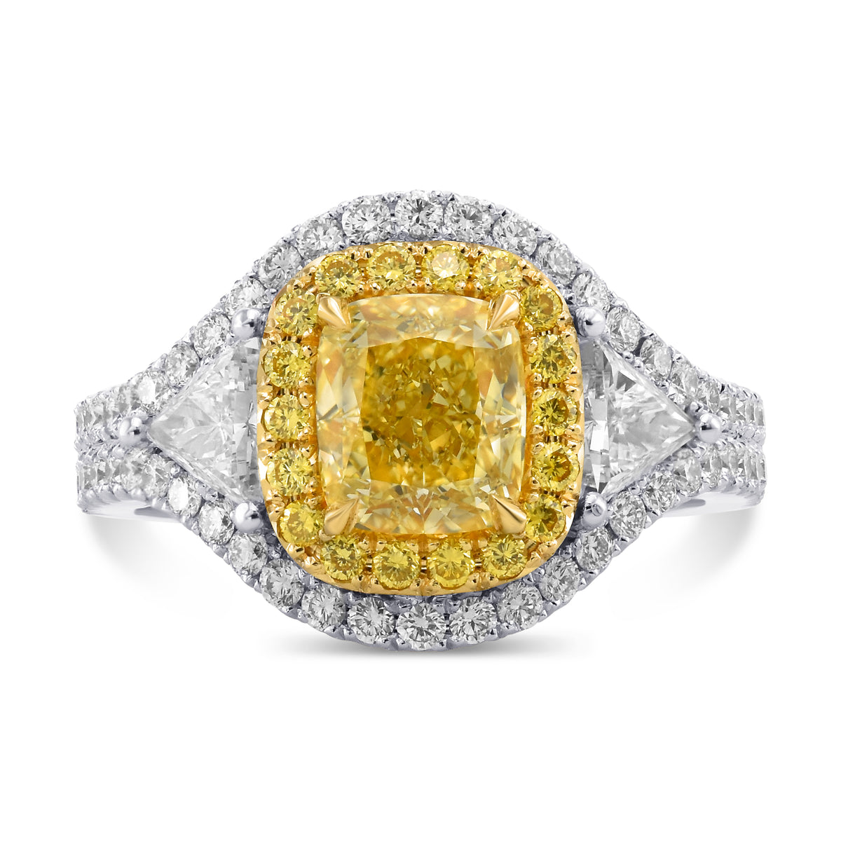 Fancy Intense Yellow Cushion Halo 3-stone Diamond Ring