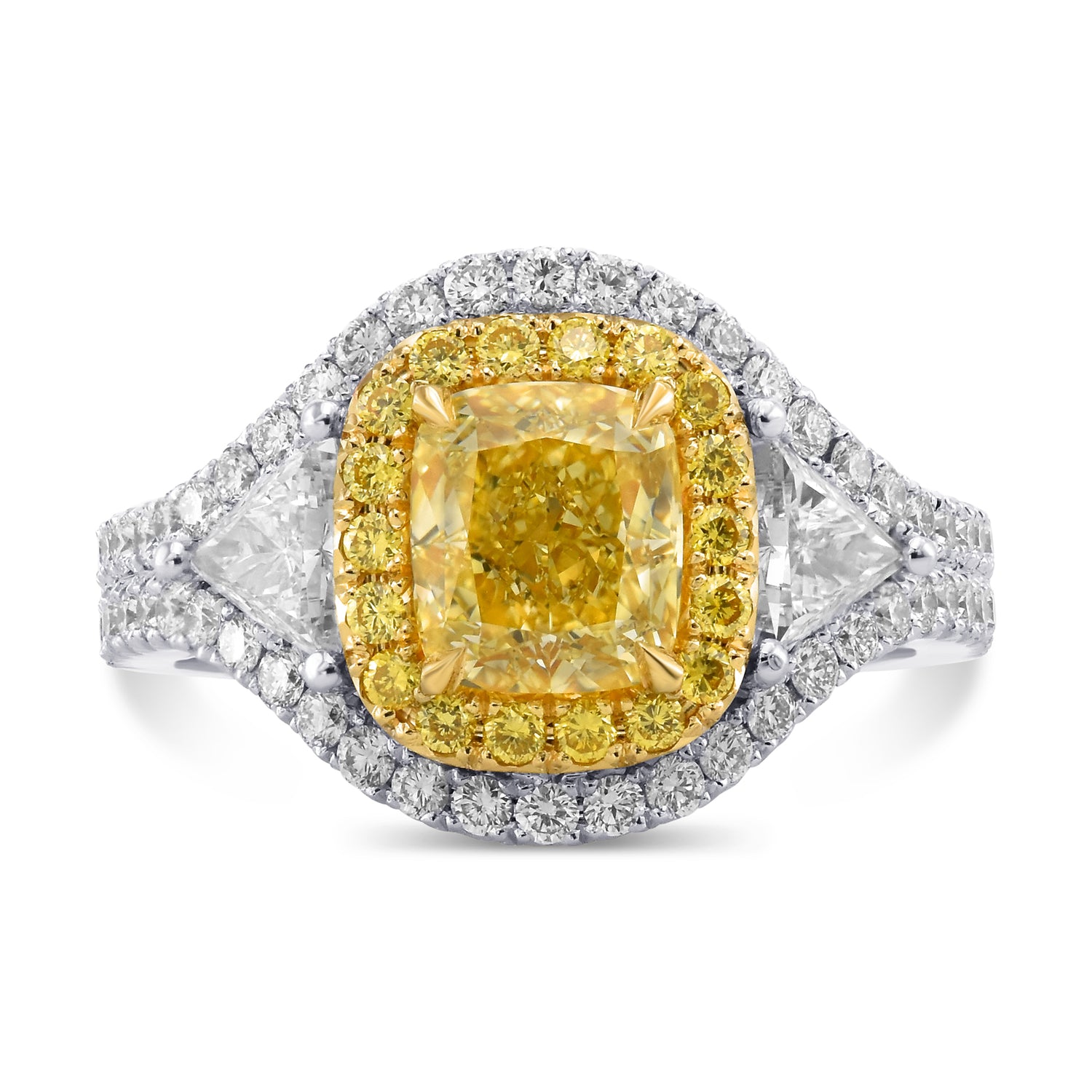 Fancy Intense Yellow Cushion Halo 3-stone Diamond Ring
