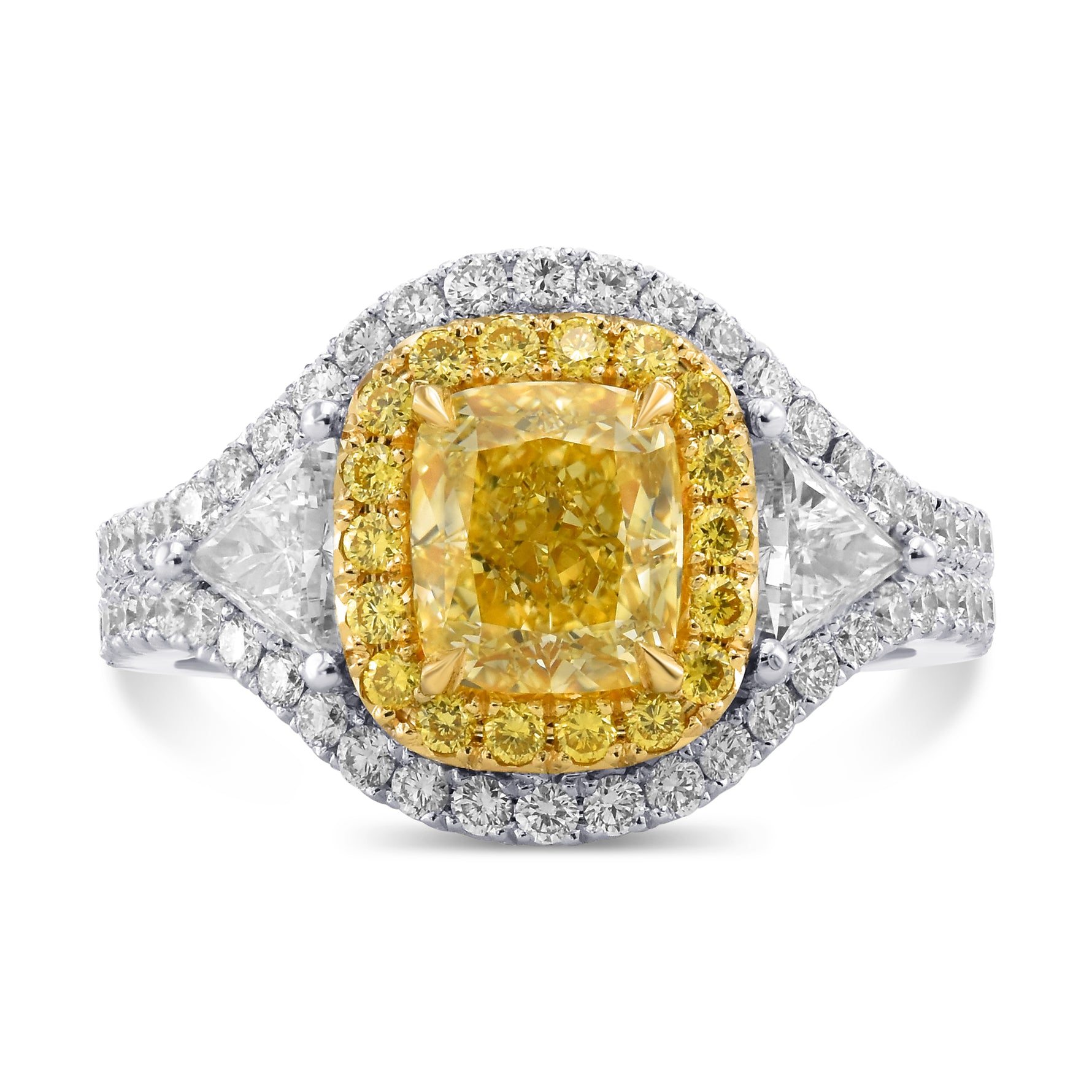 Fancy Intense Yellow Cushion Halo 3-stone Diamond Ring