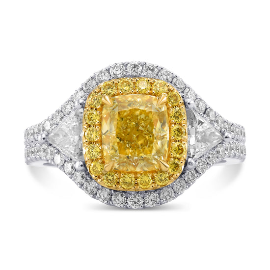 Fancy Intense Yellow Cushion Halo 3-stone Diamond Ring