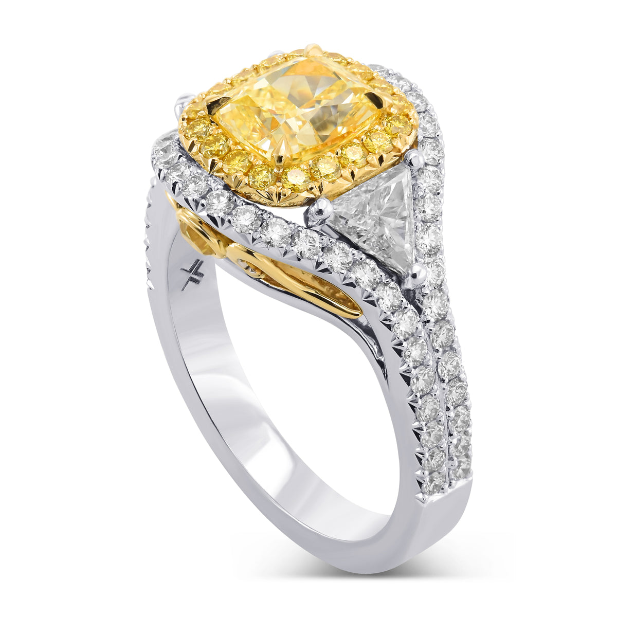 Fancy Intense Yellow Cushion Halo 3-stone Diamond Ring