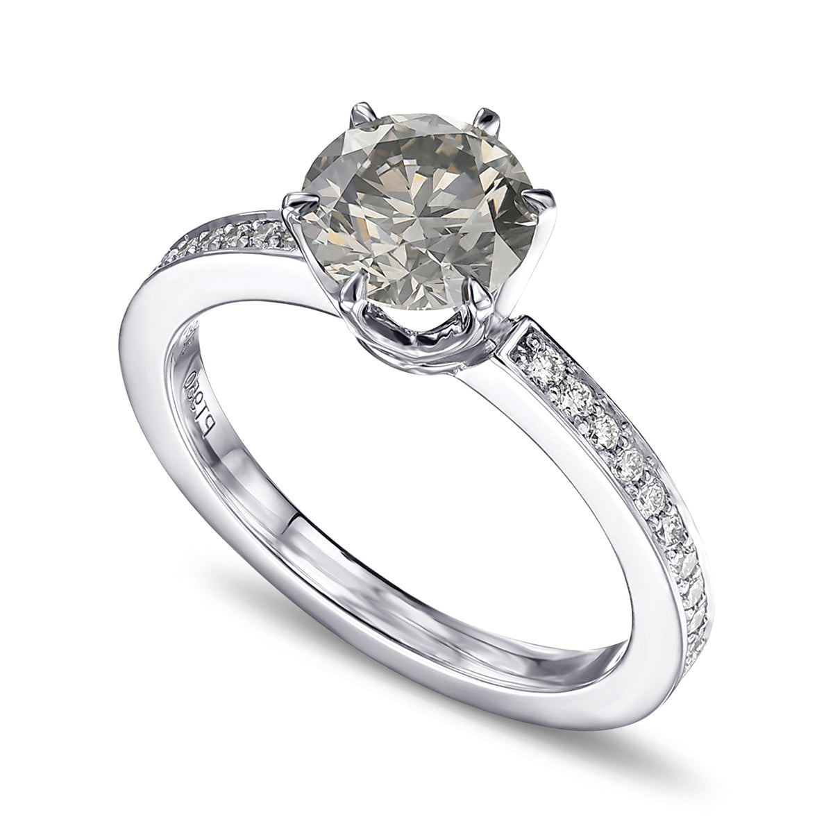 Fancy Gray Round Brilliant Side Stone Diamond Ring