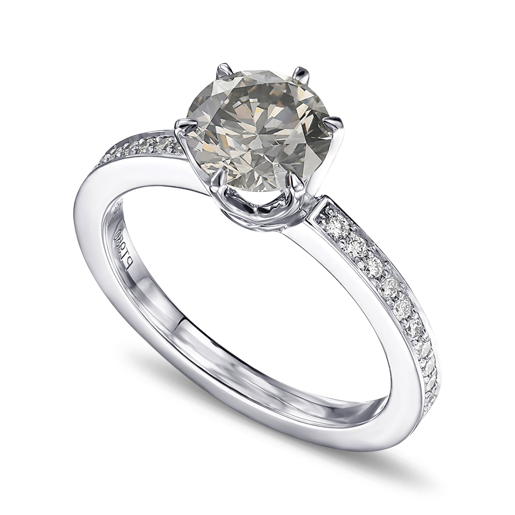 Fancy Gray Round Brilliant Side Stone Diamond Ring