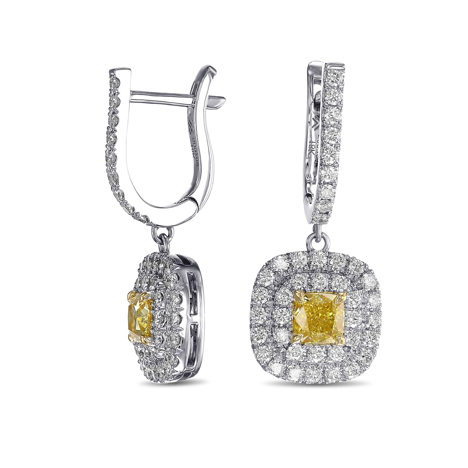 Fancy Vivid Yellow Cushion Double Halo Drop Diamond Earrings