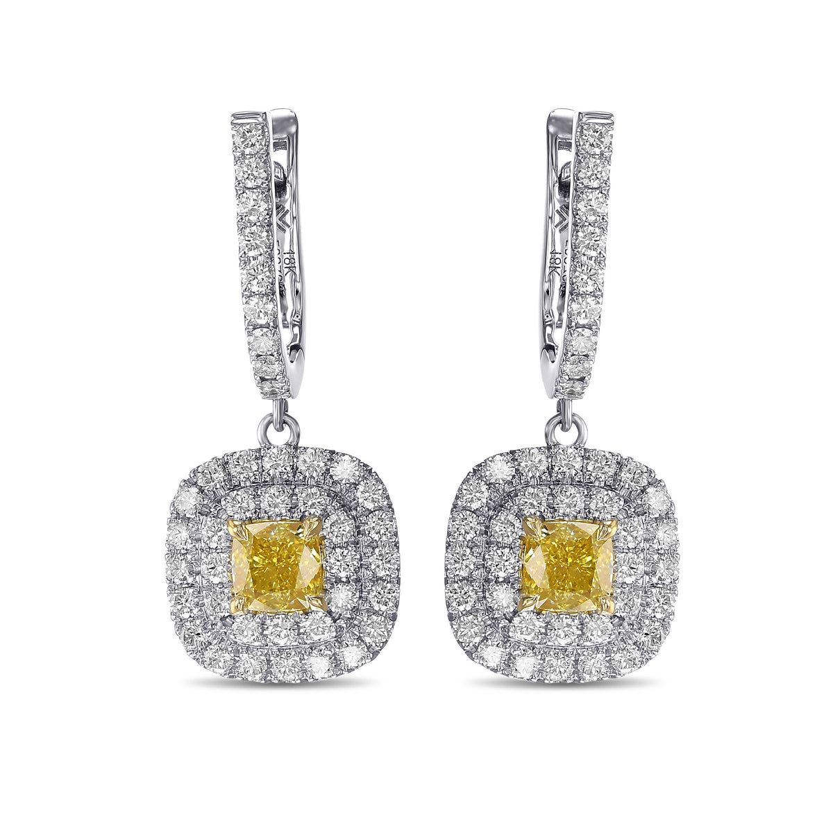 Fancy Vivid Yellow Cushion Double Halo Drop Diamond Earrings