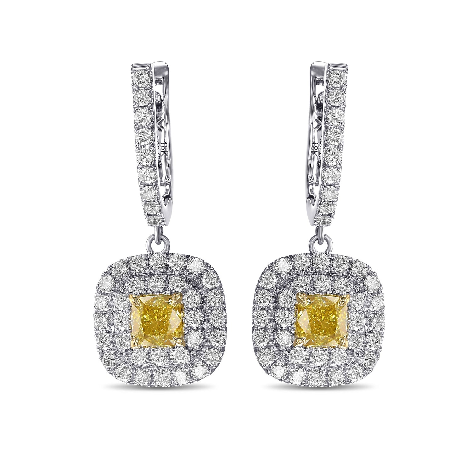 Fancy Vivid Yellow Cushion Double Halo Drop Diamond Earrings