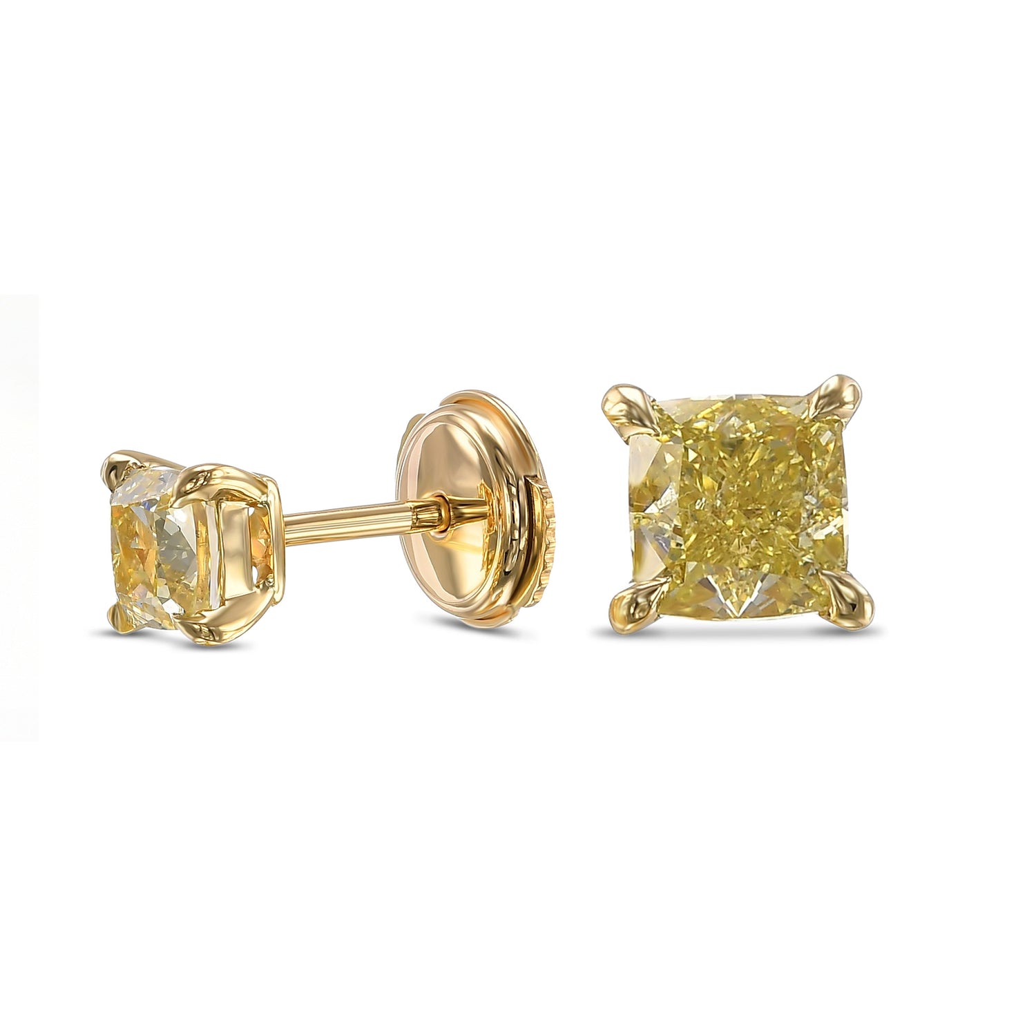 Fancy Yellow Cushion Stud Diamond Earrings