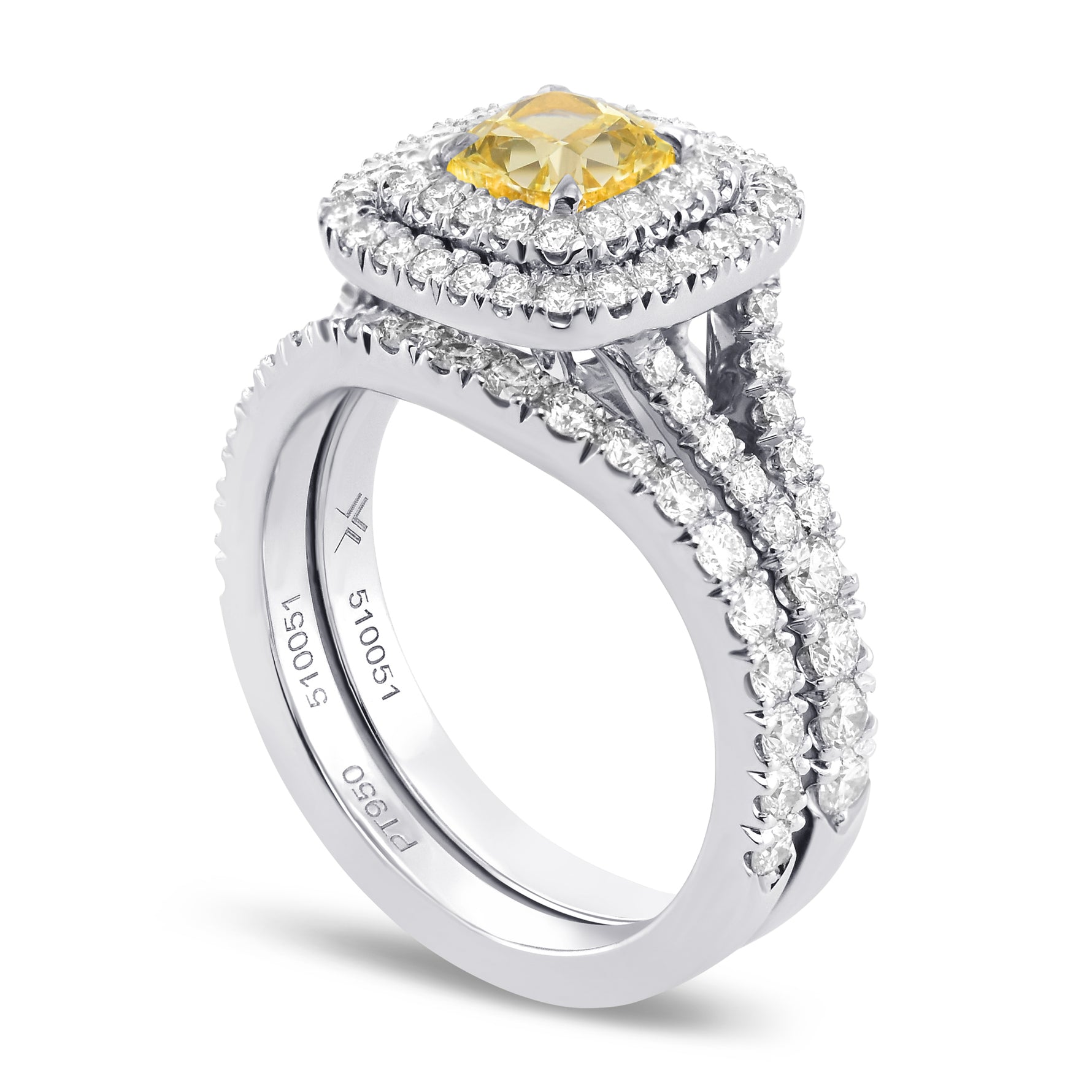 Fancy Intense Yellow Cushion Double Halo Diamond Wedding Set Rings