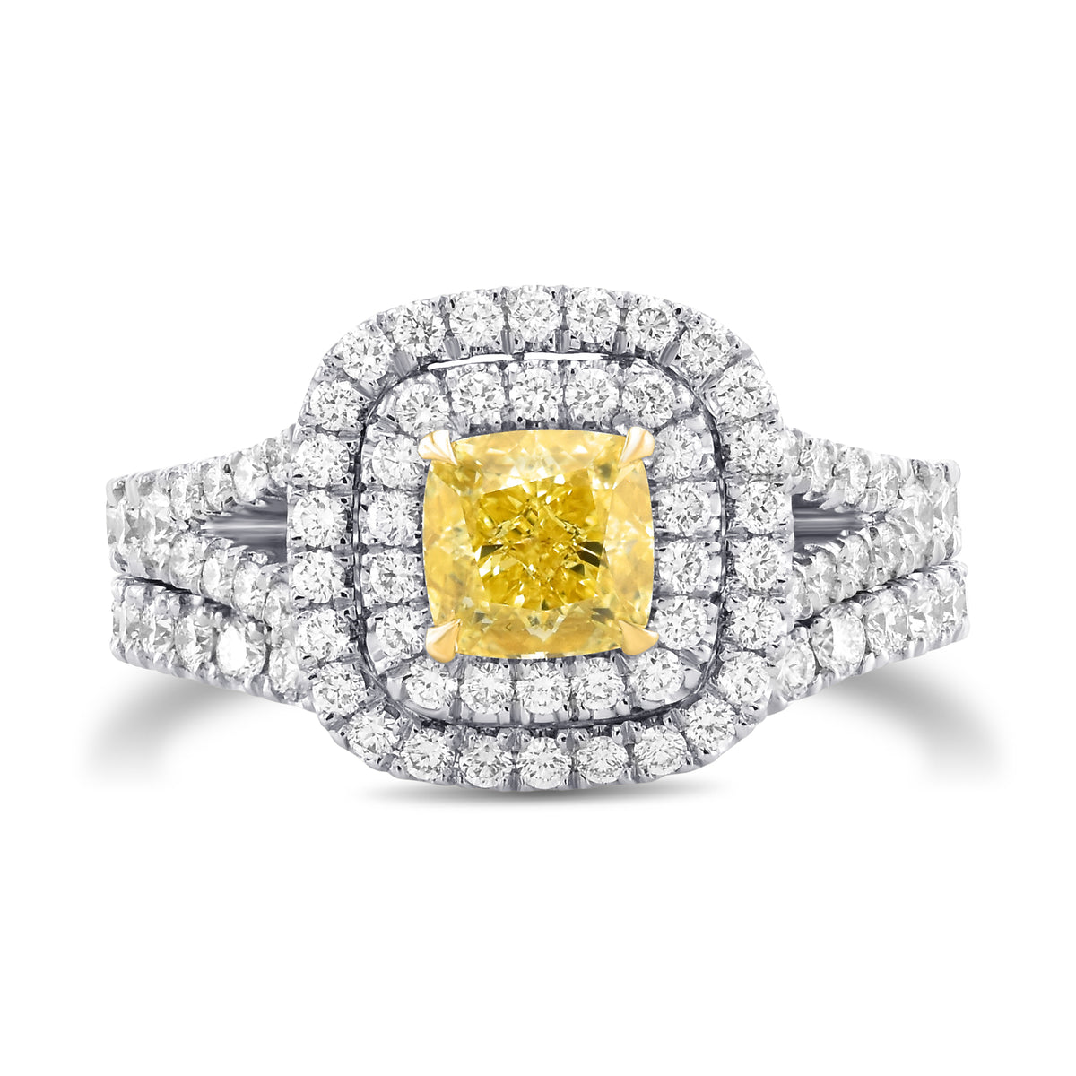 Fancy Intense Yellow Cushion Double Halo Diamond Wedding Set Rings