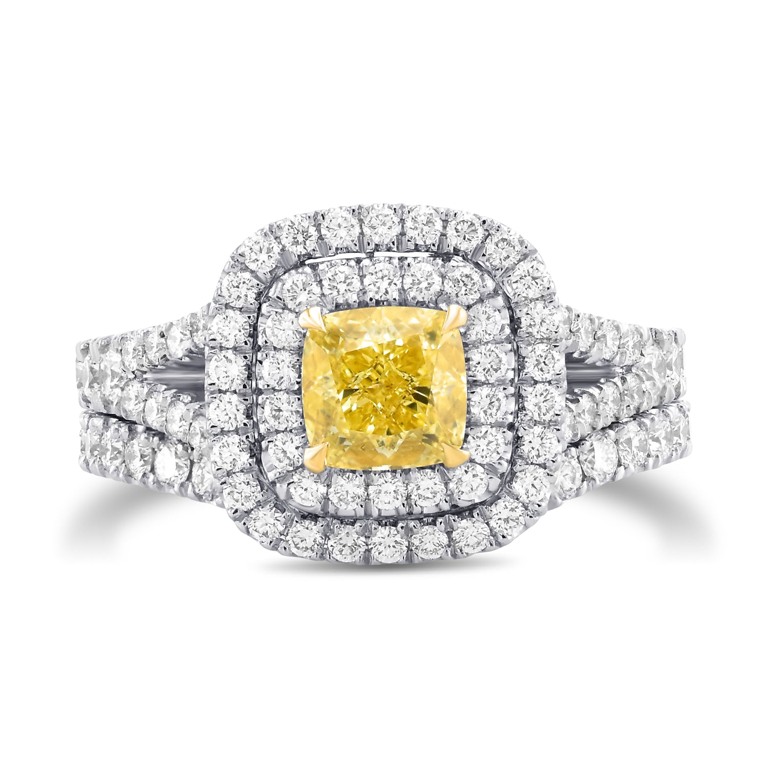 Fancy Intense Yellow Cushion Double Halo Diamond Wedding Set Rings