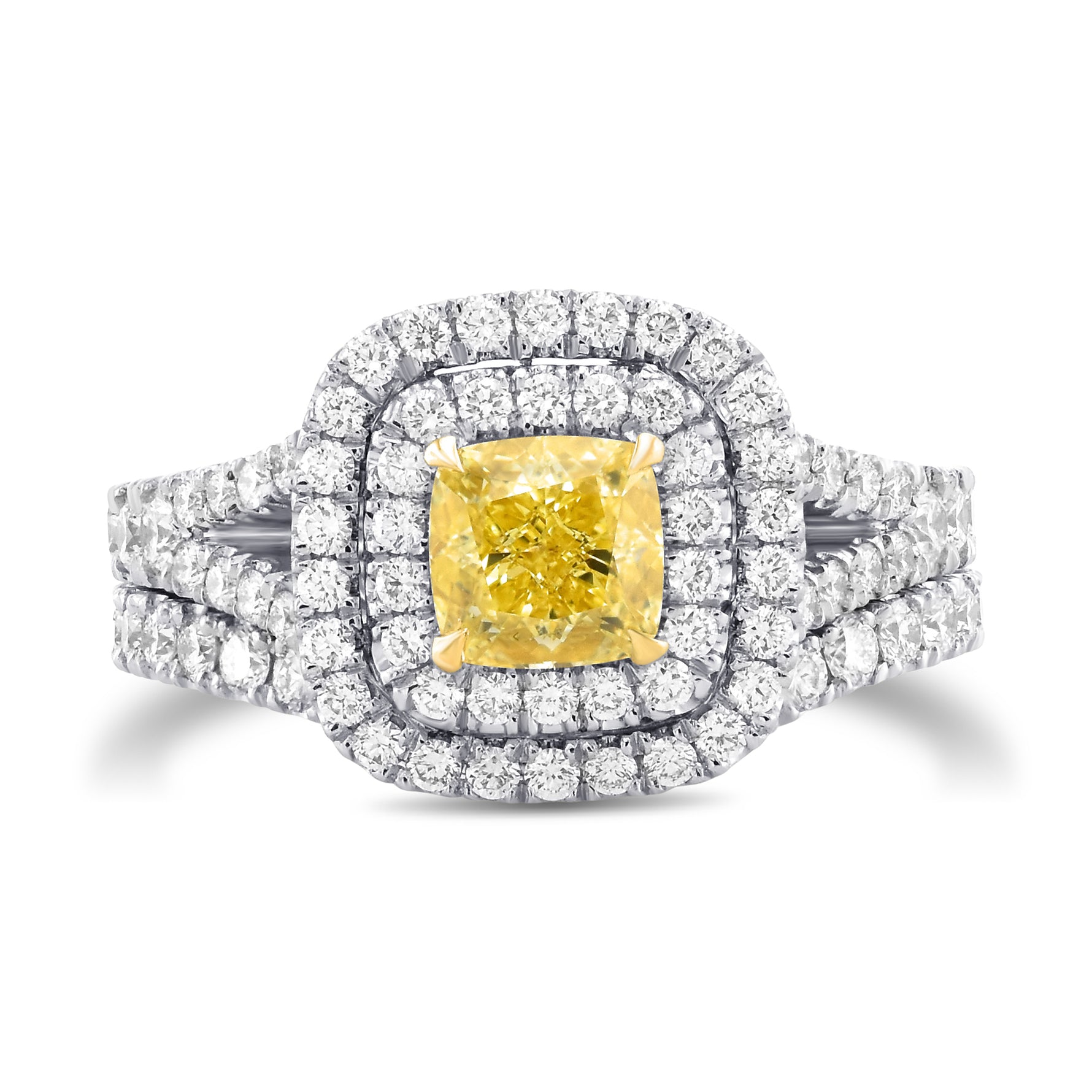 Fancy Intense Yellow Cushion Double Halo Diamond Wedding Set Rings