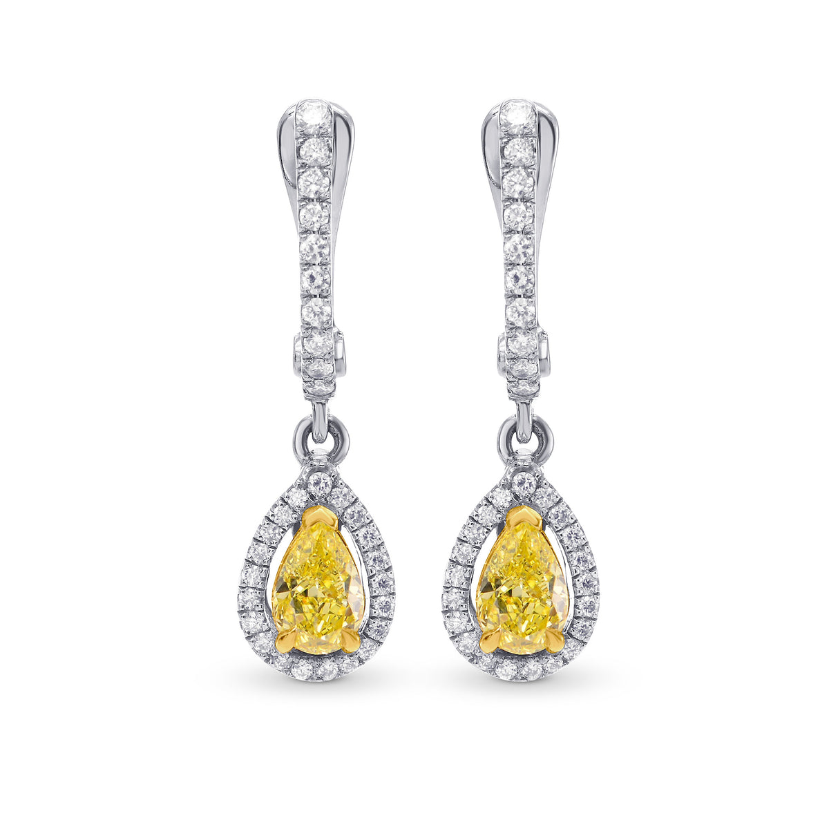 Fancy Intense Yellow Pear Shape Halo Drop Diamonds Earrings set in 18K gold