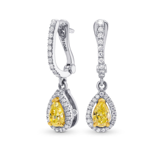 Fancy Intense Yellow Pear Shape Halo Drop Diamonds Earrings set in 18K gold