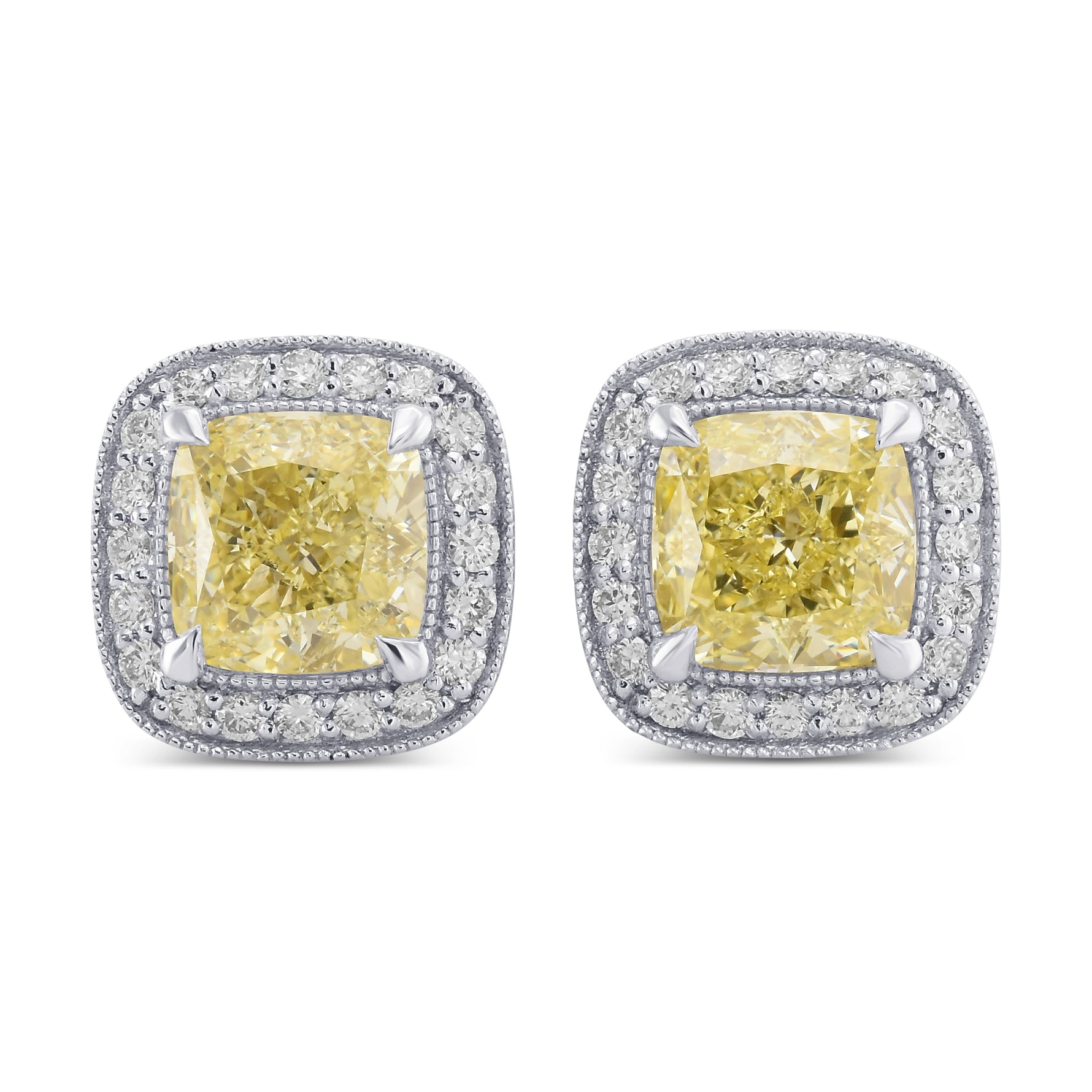 Fancy Light Yellow Cushion Halo Diamond Earrings