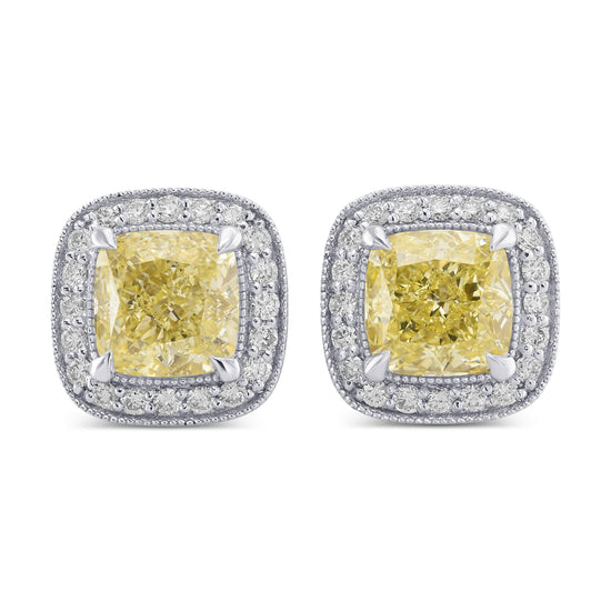 Fancy Light Yellow Cushion Halo Diamond Earrings