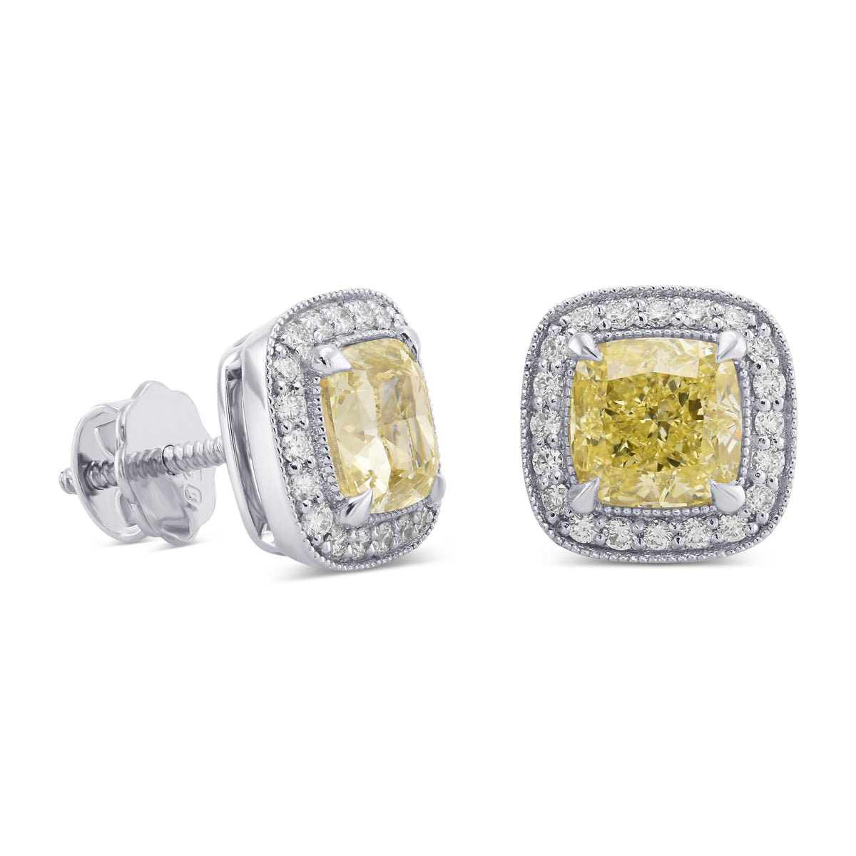 Fancy Light Yellow Cushion Halo Diamond Earrings