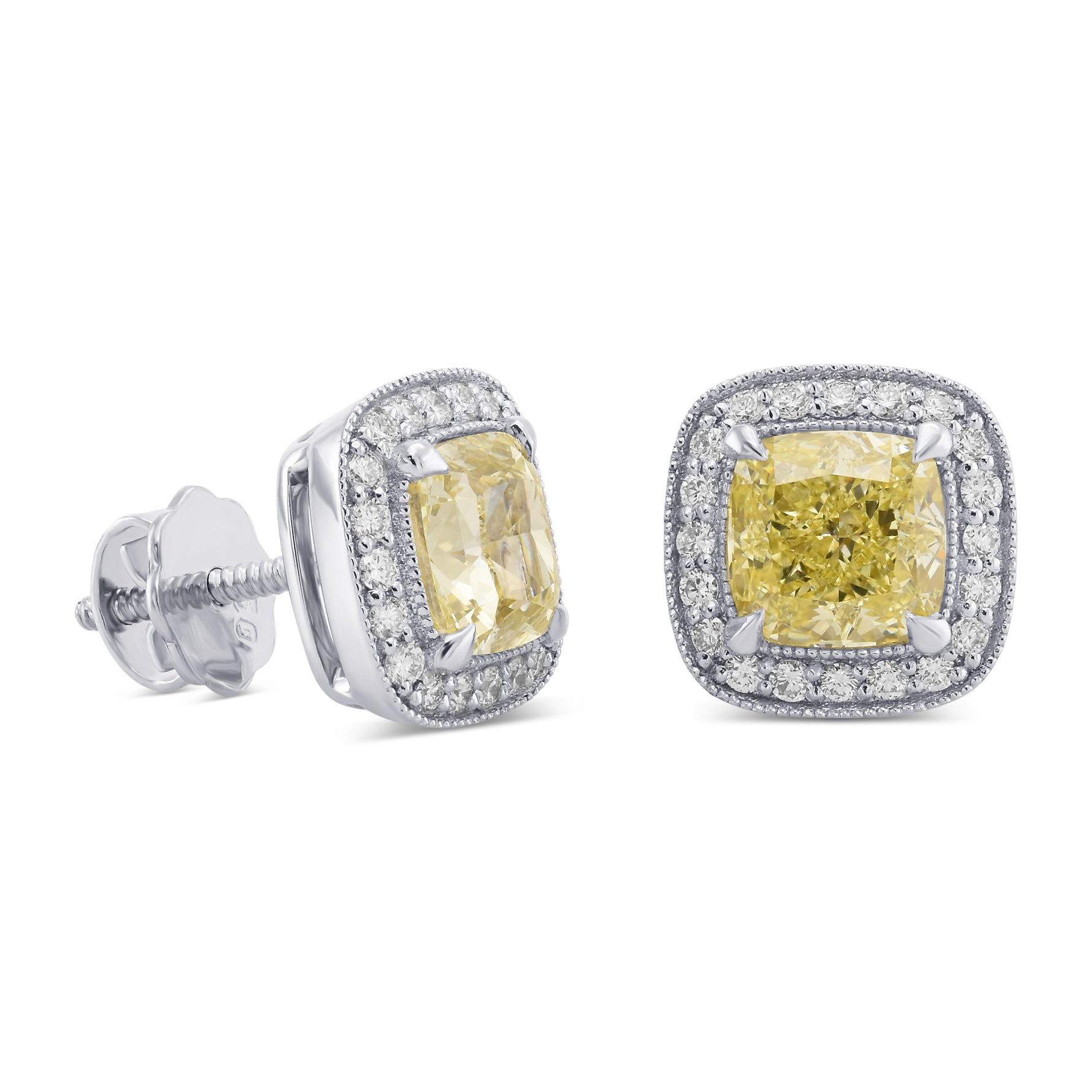 Fancy Light Yellow Cushion Halo Diamond Earrings