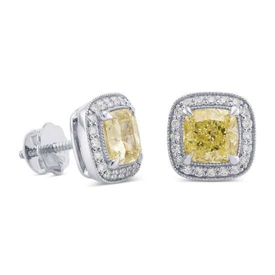 Fancy Light Yellow Cushion Halo Diamond Earrings