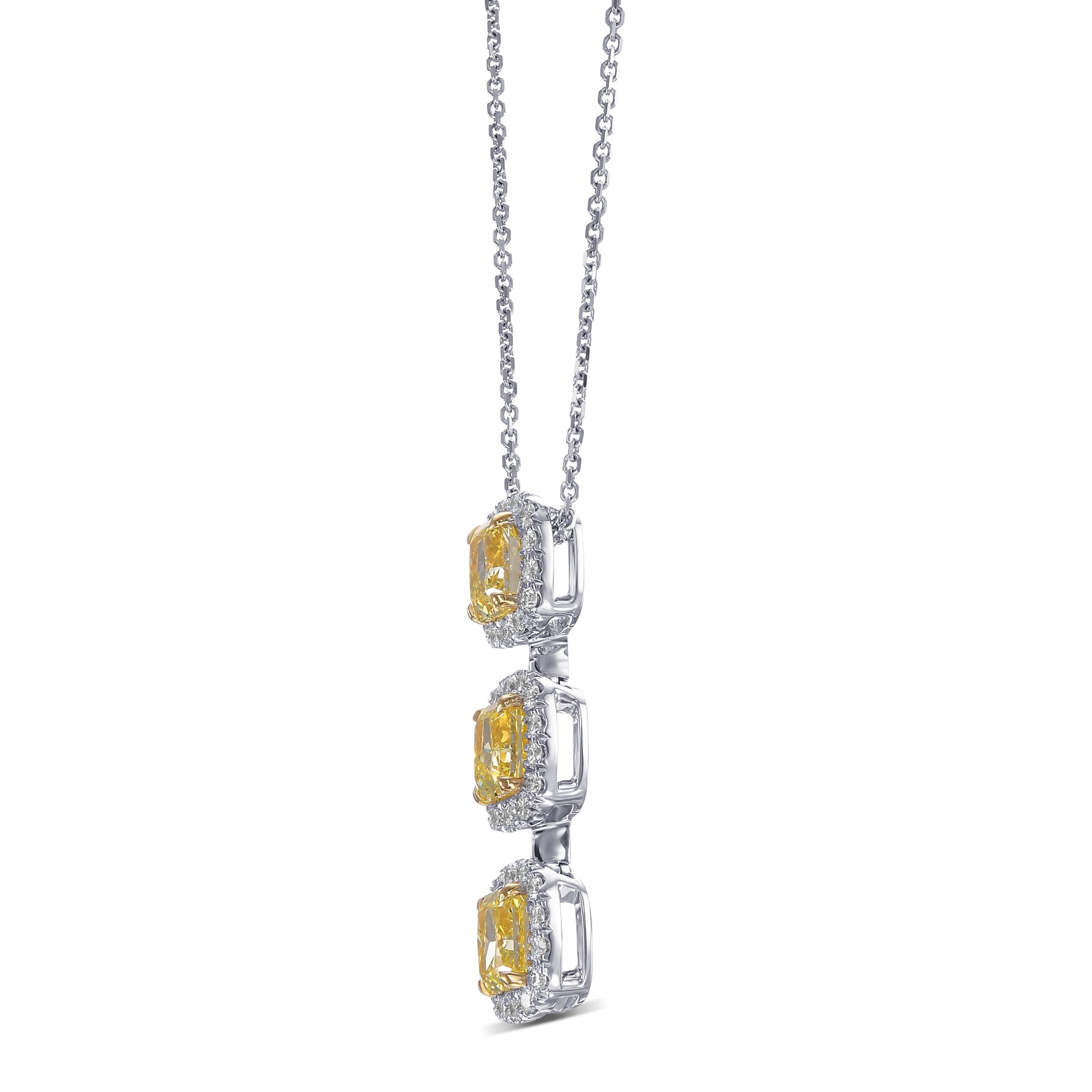  Fancy Intense Yellow Radiant 3 Stone Diamond Drop Halo Pendant