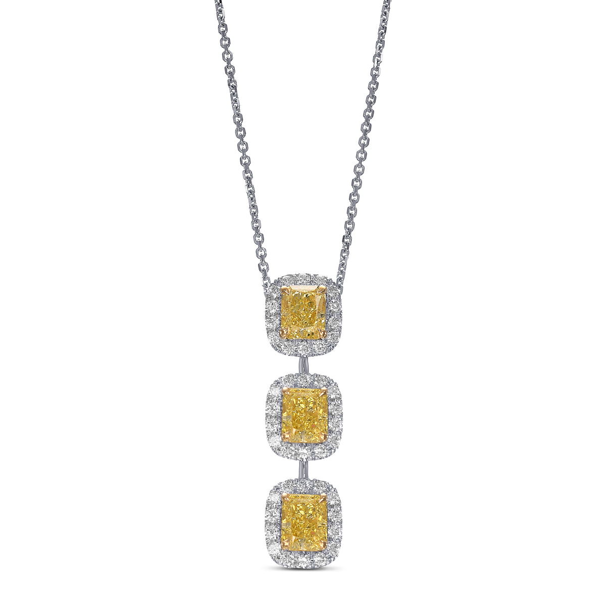  Fancy Intense Yellow Radiant 3 Stone Diamond Drop Halo Pendant