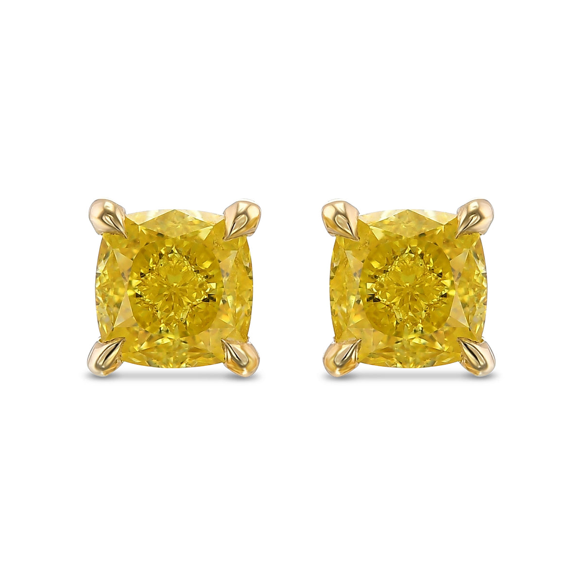 Fancy Vivid Yellow Cushion Stud Diamond Earrings