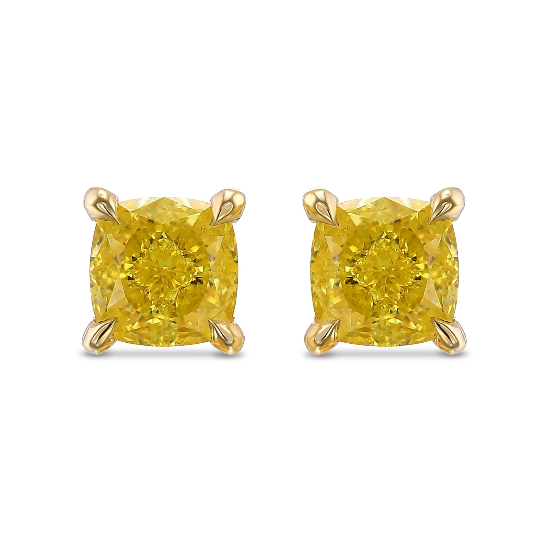 Fancy Vivid Yellow Cushion Stud Diamond Earrings