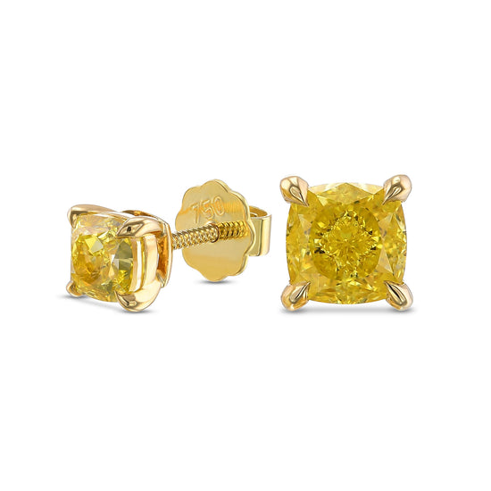 Fancy Vivid Yellow Cushion Stud Diamond Earrings