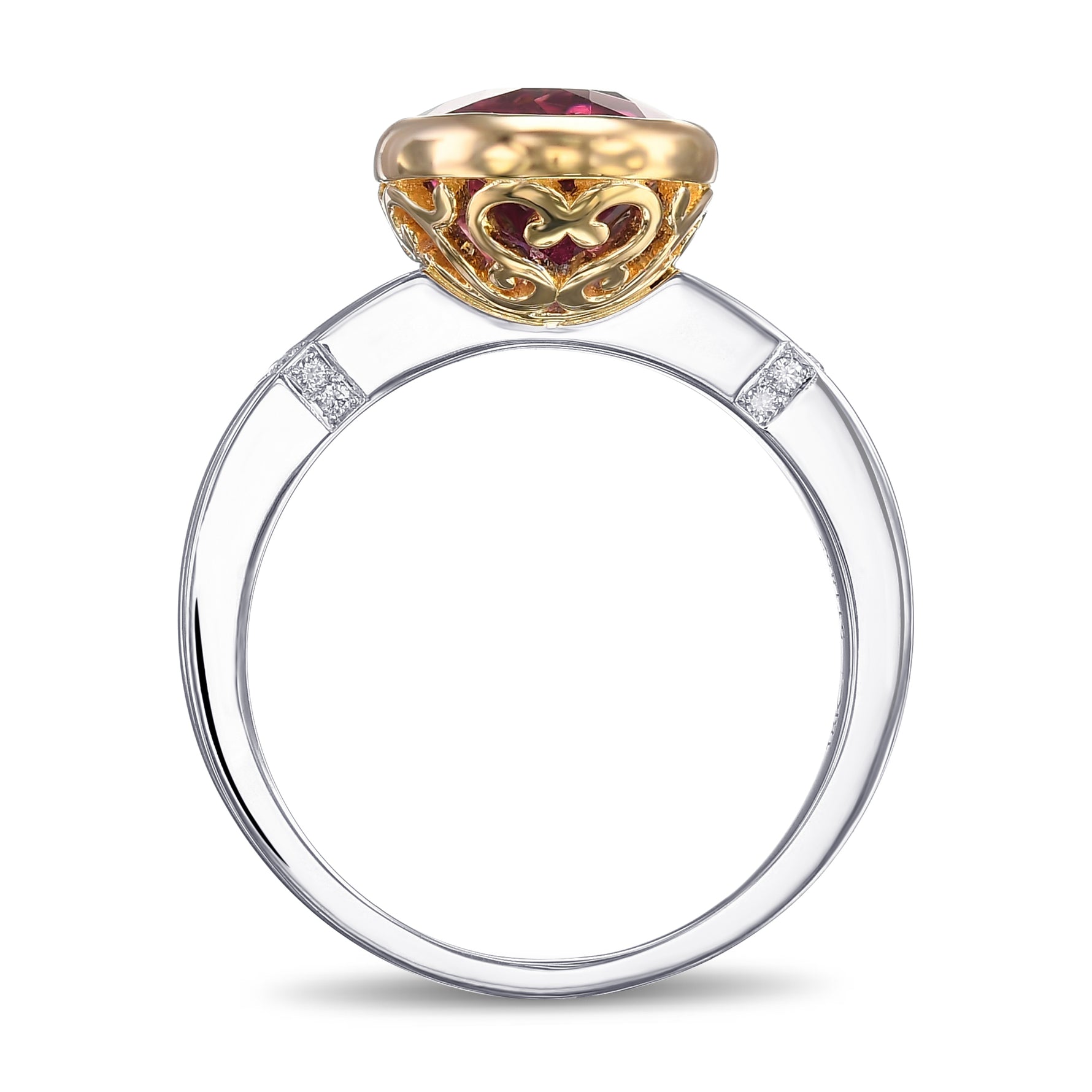 Oval Rubellite Bezel Accented Solitaire Diamond Ring