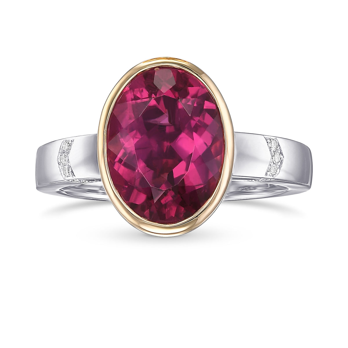 Oval Rubellite Bezel Accented Solitaire Diamond Ring