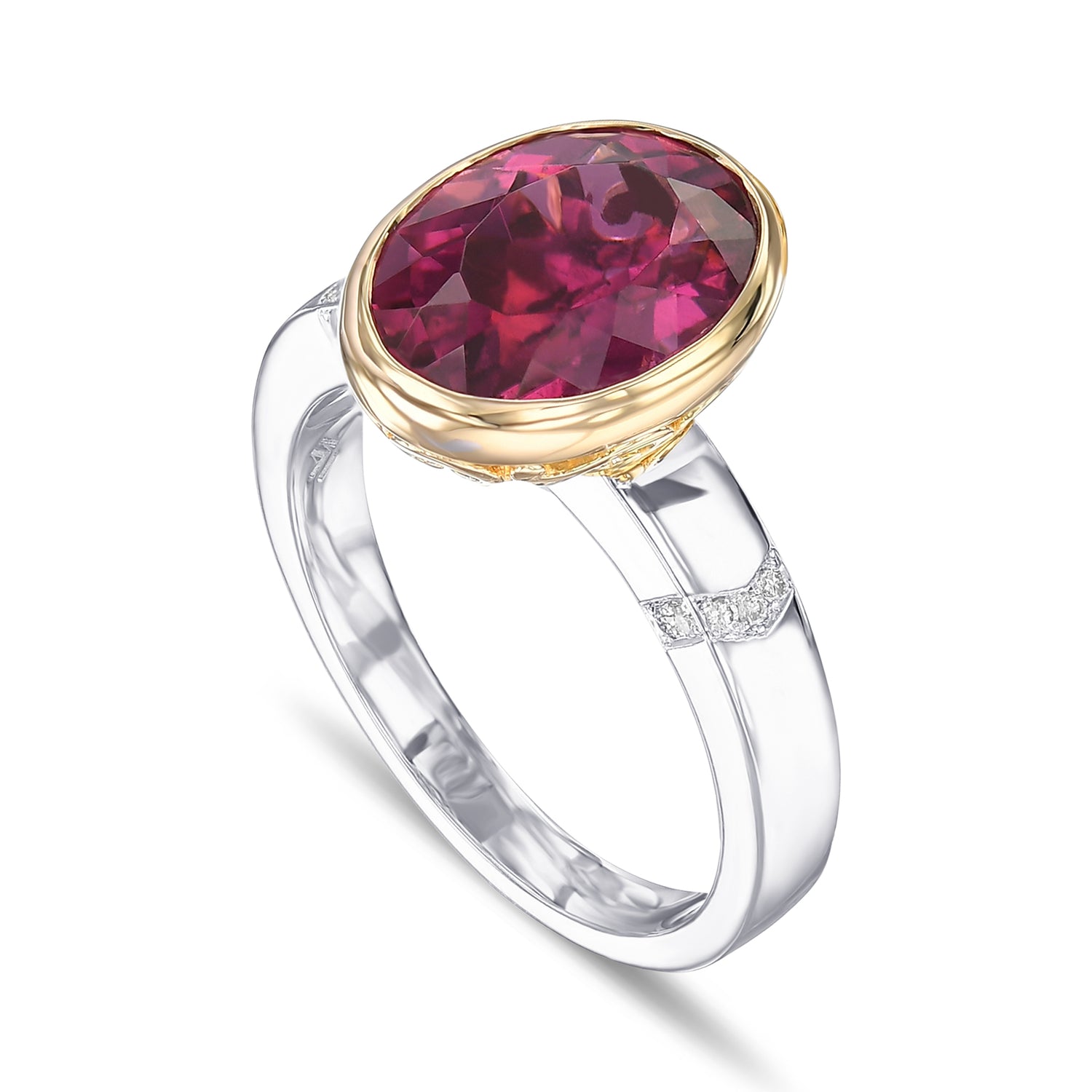 Oval Rubellite Bezel Accented Solitaire Diamond Ring