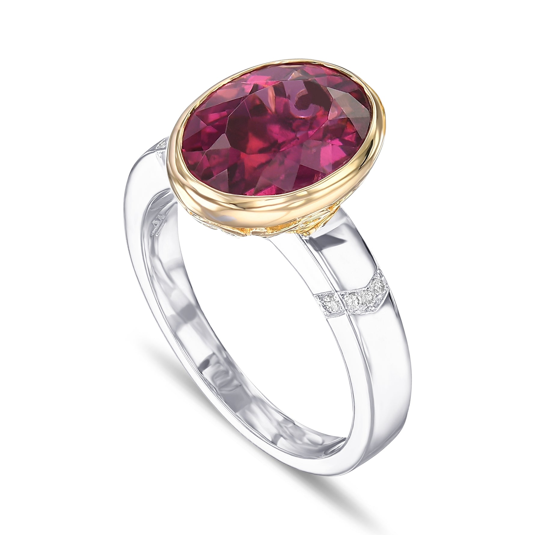 Oval Rubellite Bezel Accented Solitaire Diamond Ring