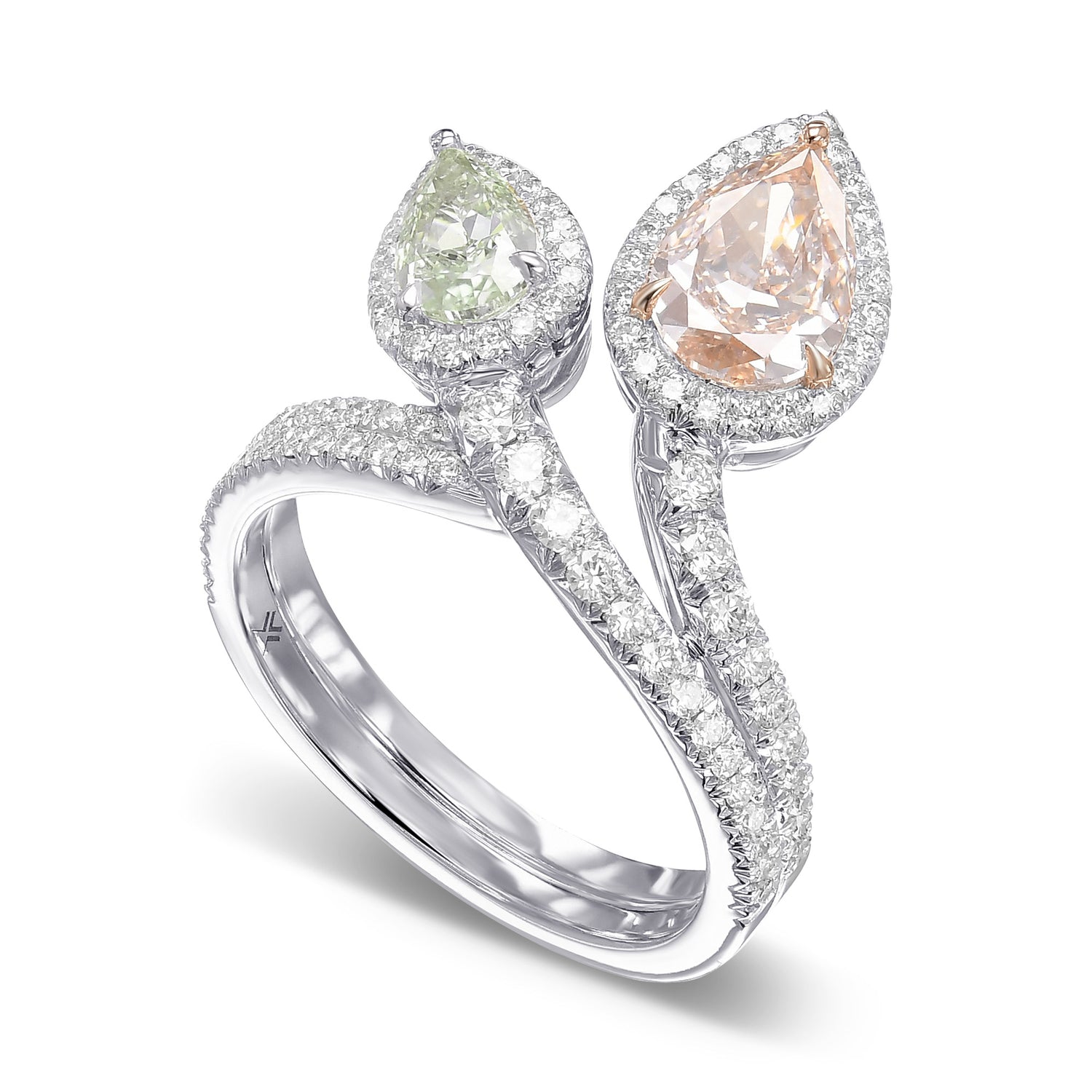 Light Pinkish Brown & Fancy Light Yellow Green Pear Diamond 2 Stone  Halo Ring