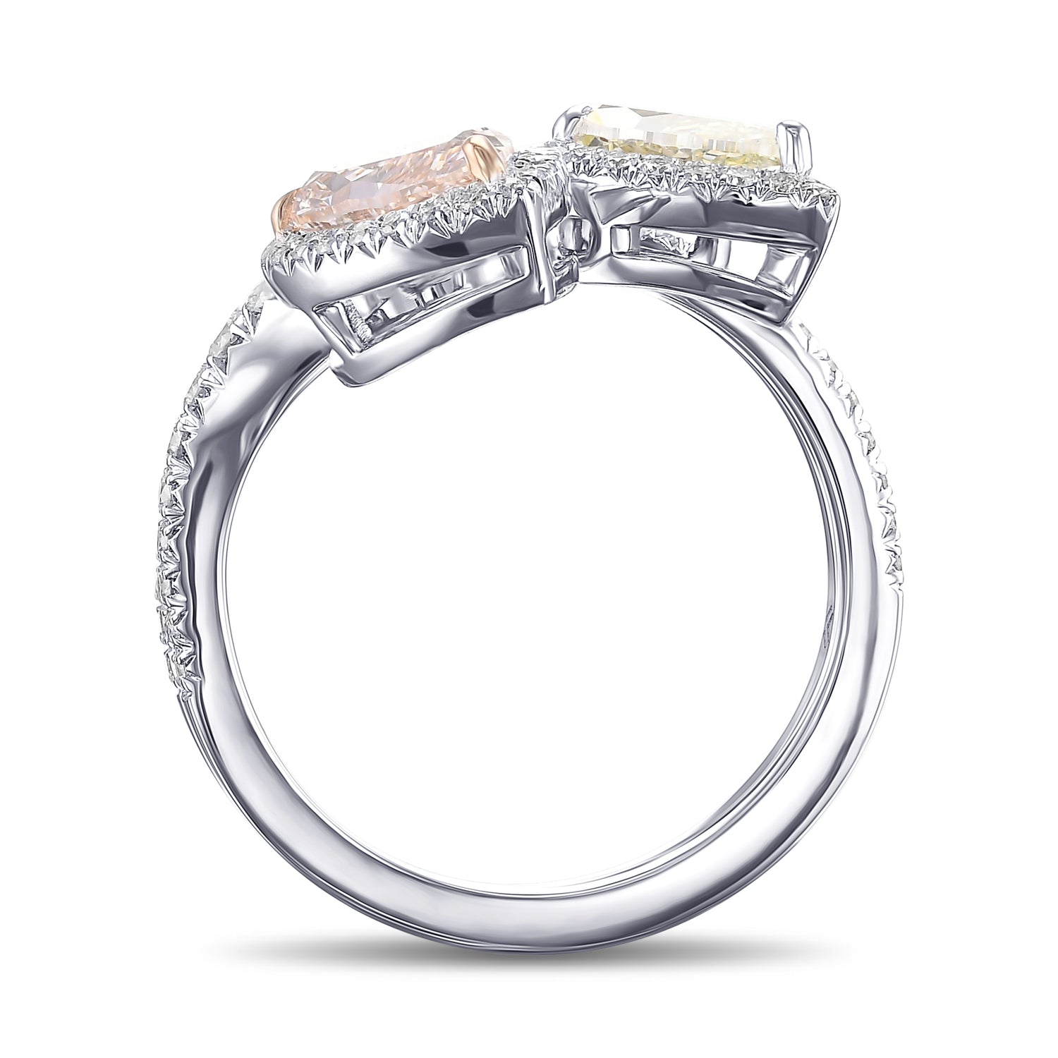 Light Pinkish Brown & Fancy Light Yellow Green Pear Diamond 2 Stone  Halo Ring