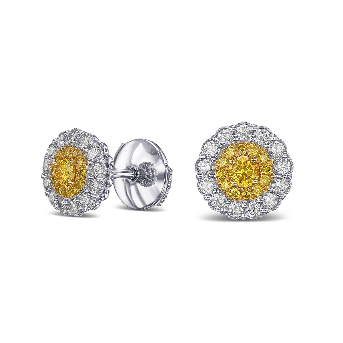Fancy Vivid Yellow Round Brilliant Double Halo Diamond Earrings