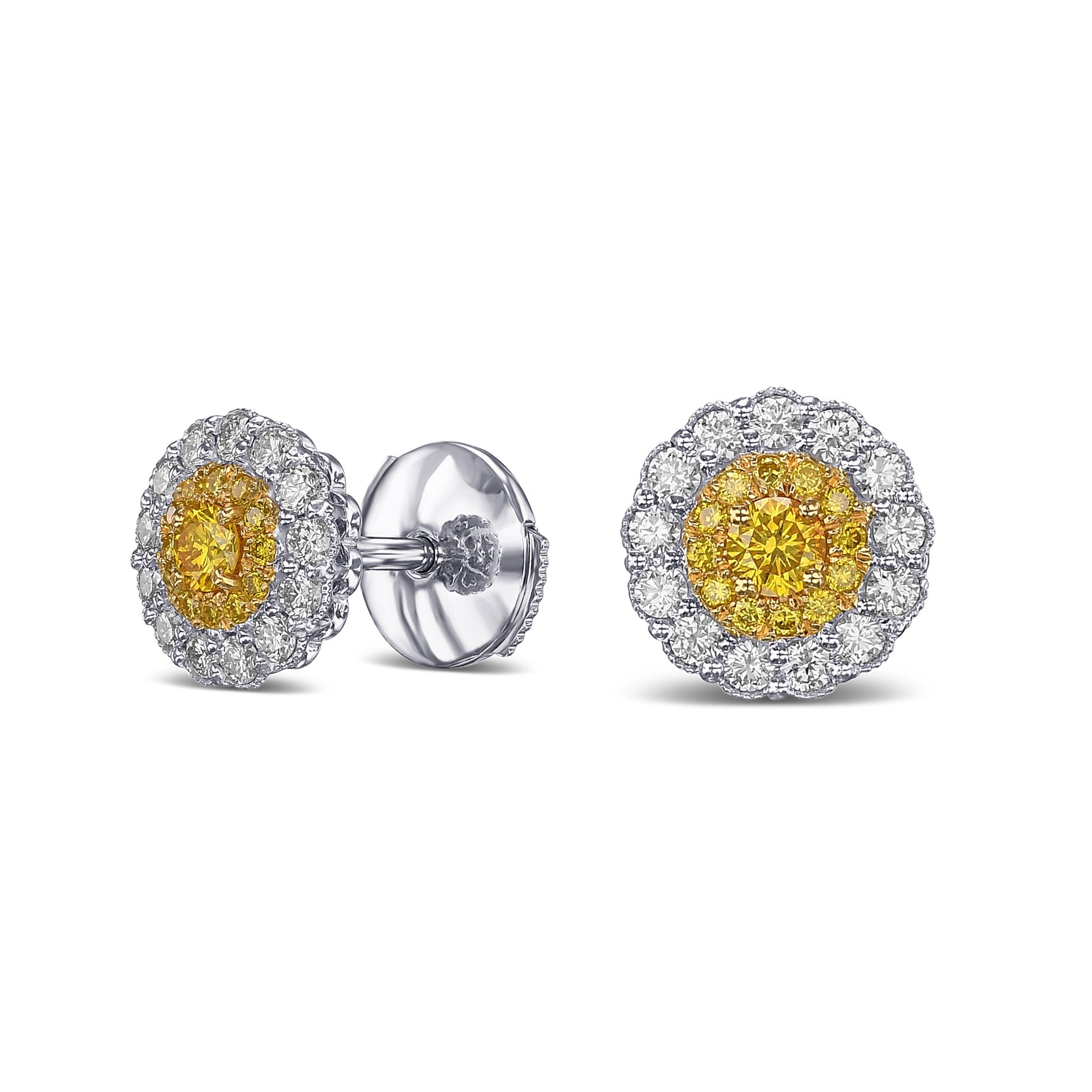 Fancy Vivid Yellow Round Brilliant Double Halo Diamond Earrings