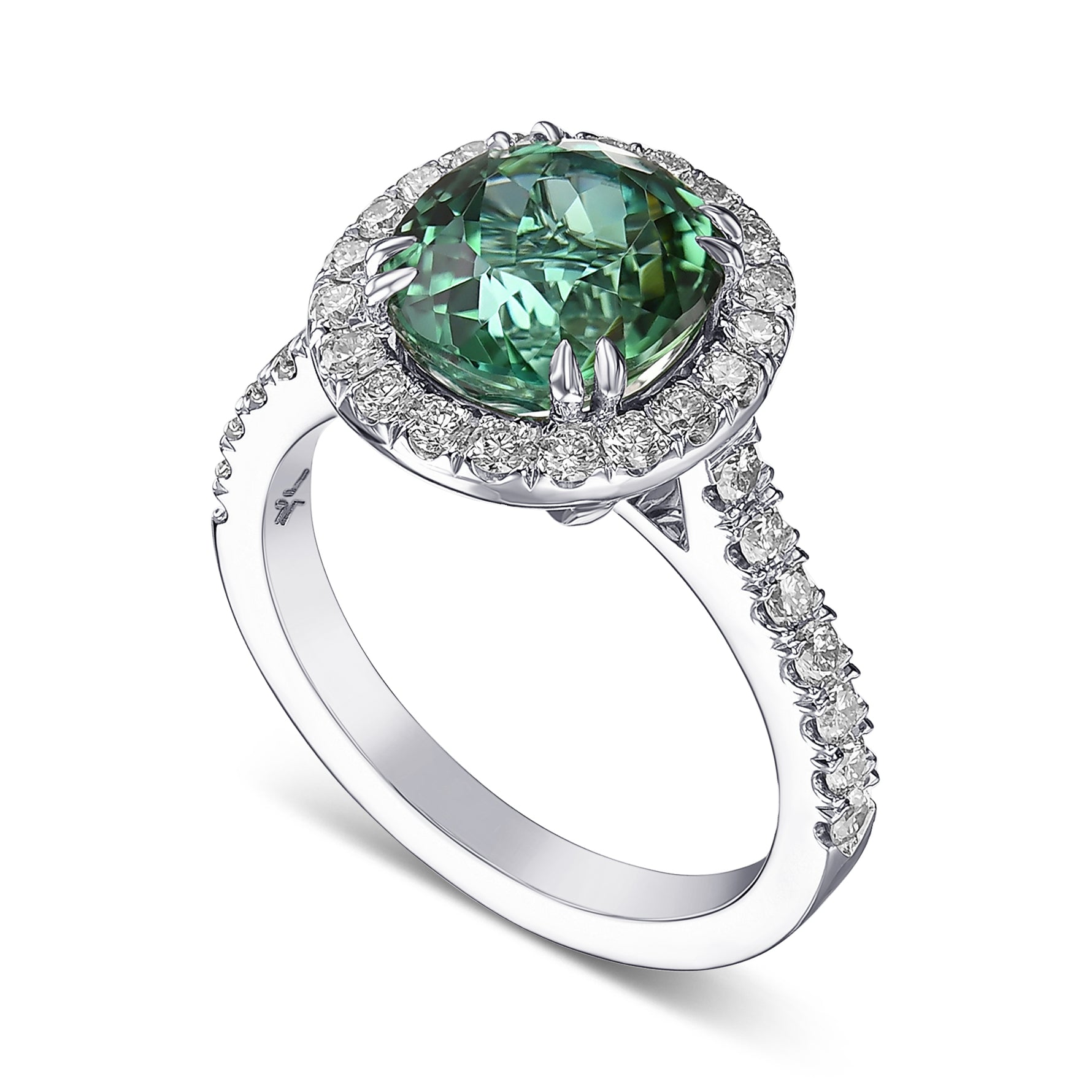 Cushion Green Tourmaline & Diamond Halo Ring