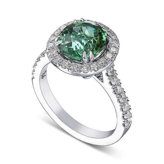 Cushion Green Tourmaline & Diamond Halo Ring
