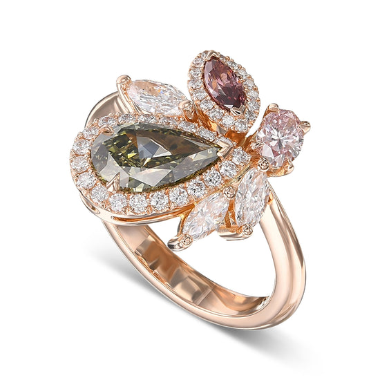 Chameleon and Pink Asymmetrical Couture Diamond Ring