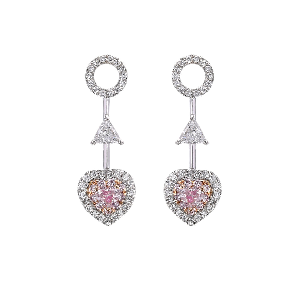 Pink Heart Drop Diamond Double Halo Earrings