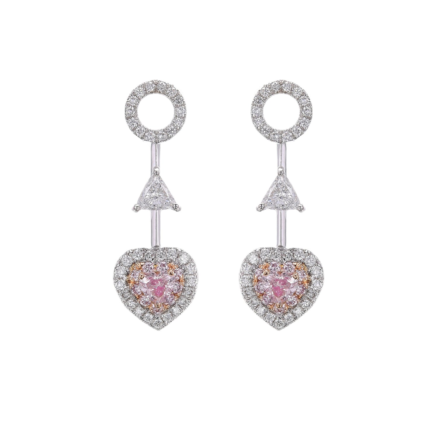 Pink Heart Drop Diamond Double Halo Earrings