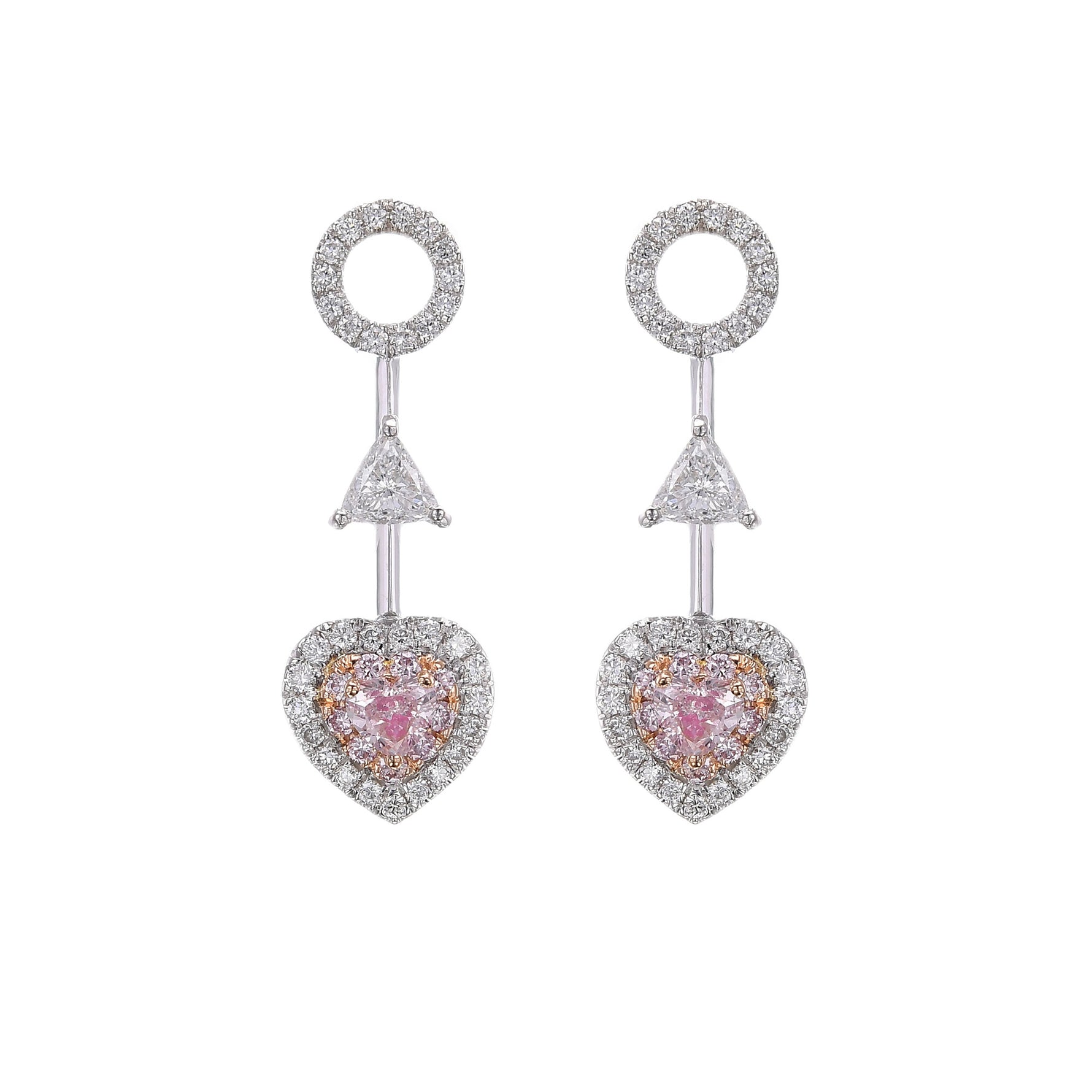 Pink Heart Drop Diamond Double Halo Earrings