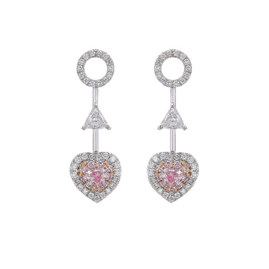 Pink Heart Drop Diamond Double Halo Earrings