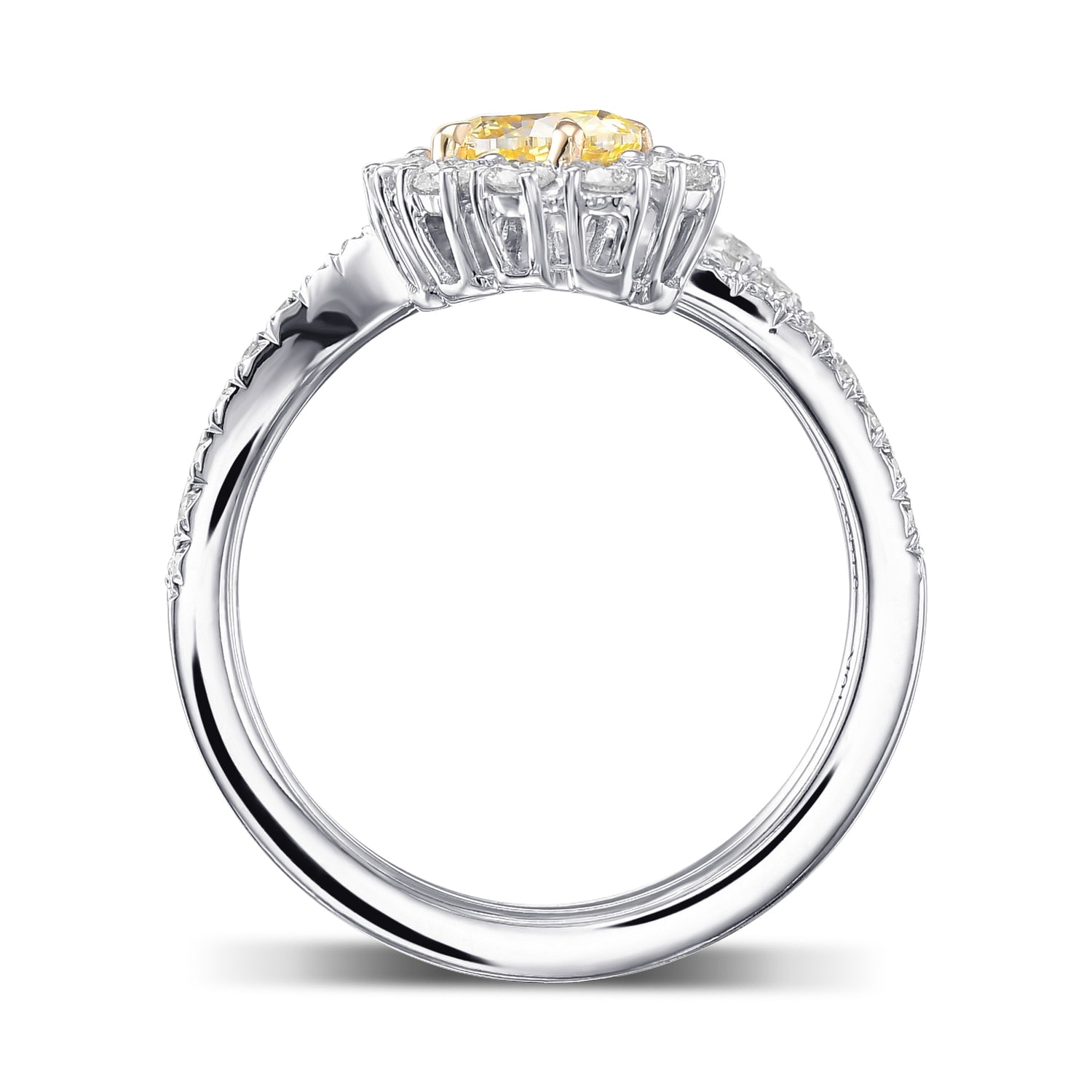 Fancy Intense Yellow Oval Two Stone Halo Diamond Crossover Ring
