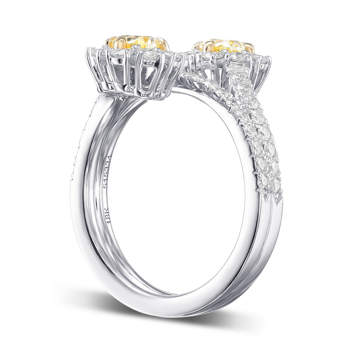 Fancy Intense Yellow Oval Two Stone Halo Diamond Crossover Ring