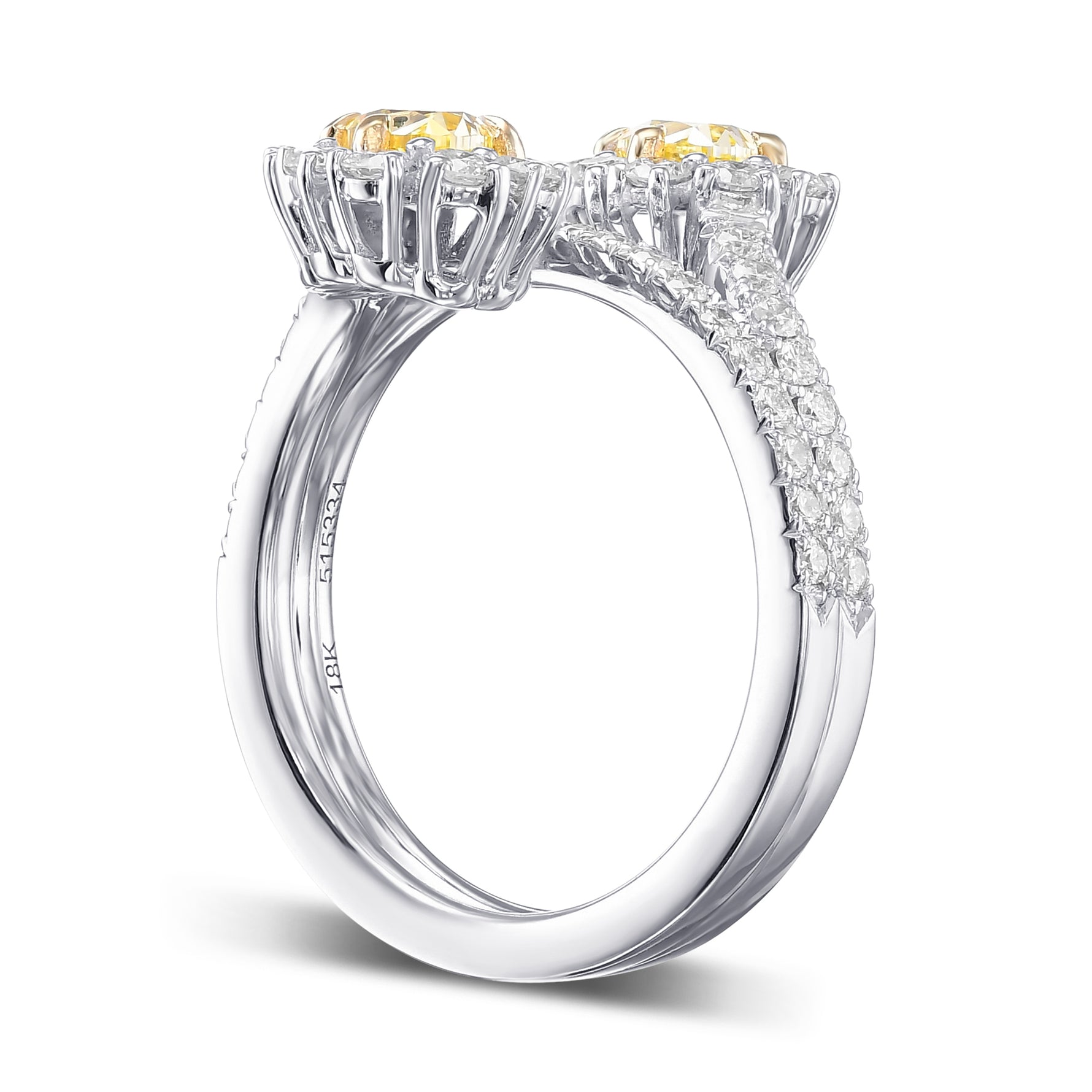 Fancy Intense Yellow Oval Two Stone Halo Diamond Crossover Ring
