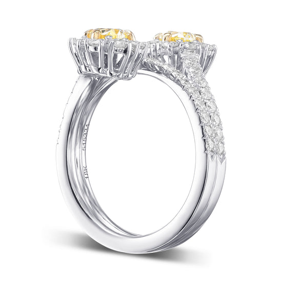 Fancy Intense Yellow Oval Two Stone Halo Diamond Crossover Ring