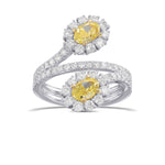 Fancy Intense Yellow Oval Two Stone Halo Diamond Crossover Ring