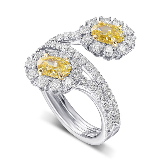 Fancy Intense Yellow Oval Two Stone Halo Diamond Crossover Ring
