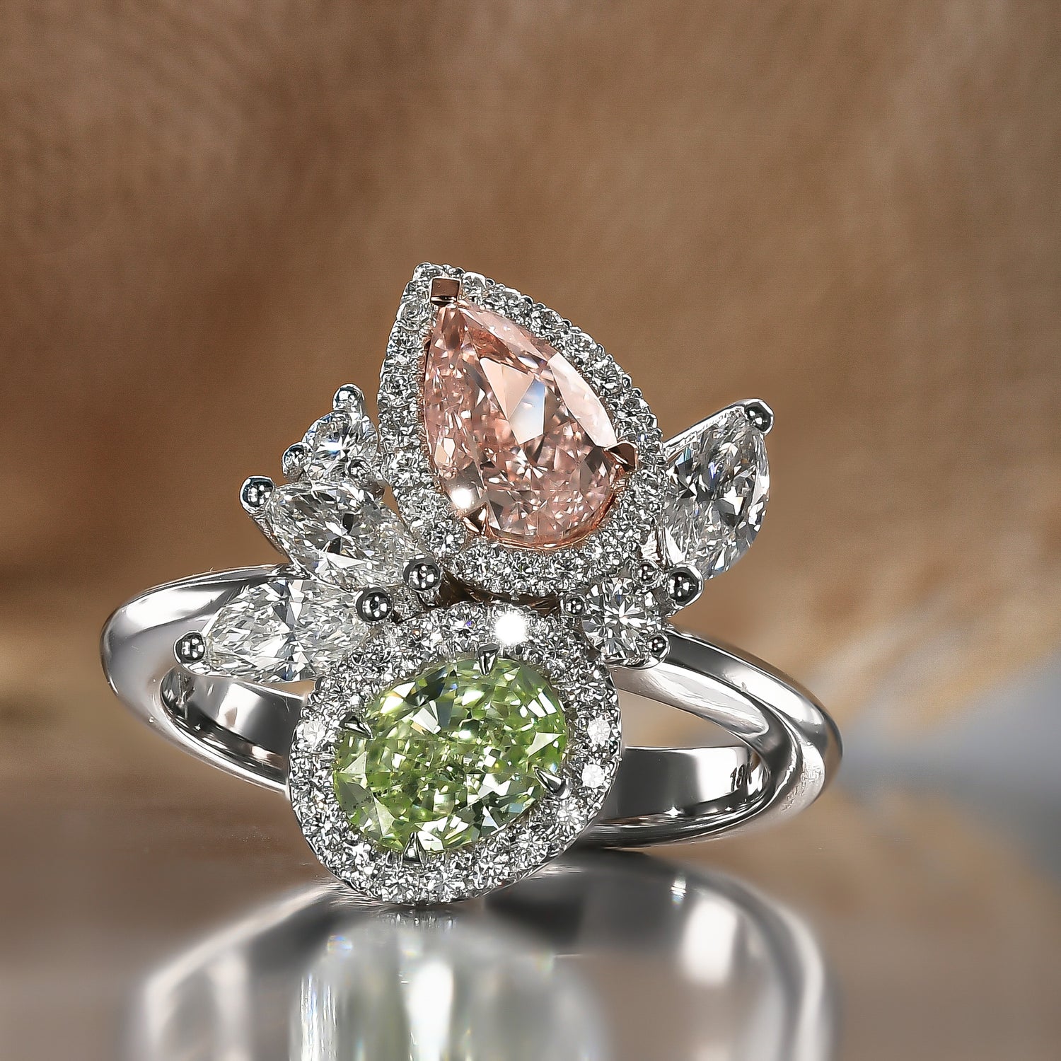 Green and Pink Asymmetrical Couture Diamond Ring