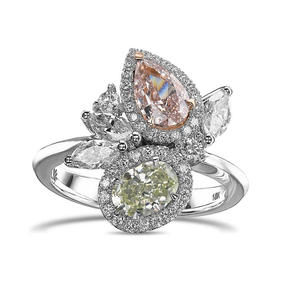 Green and Pink Asymmetrical Couture Diamond Ring